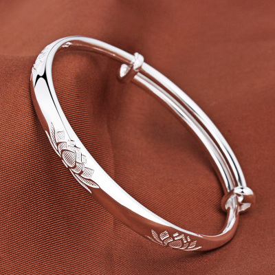 年轻款时尚手镯9999纯银女民族风莲花推拉可调节银手环饰品银镯子送女朋友老婆情人节七夕生日礼物