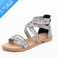 SUNTEK民族风罗马凉鞋女2023夏季新款波西米亚法式复古平底编织大码女鞋