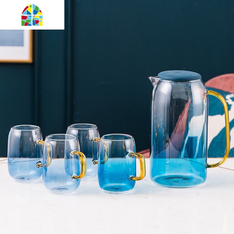 北欧玻璃冷水壶可高温轻奢家用凉白开杯子水杯水具套装防爆凉水壶 FENGHOU 6个水杯+杯架+小托盘(送6个勺子)