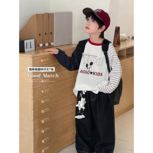 童酷男童秋季新款洋气米奇印花宝宝打底衫插肩袖拼色儿童T恤