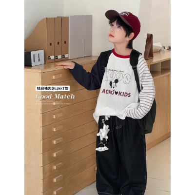 童酷男童秋季新款洋气米奇印花宝宝打底衫插肩袖拼色儿童T恤