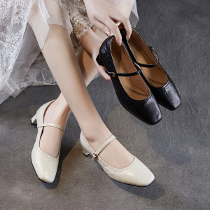 简约方头羊皮粗跟高跟鞋百搭米白色一字扣带单鞋时尚浅口真皮女鞋
