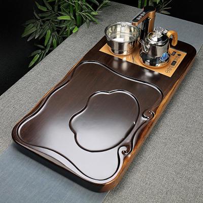 实木功夫茶具套组黑檀实木茶盘整套泡茶功夫茶具套装紫砂茶杯全自动四合一家用简约单茶盘+全自动电器19件