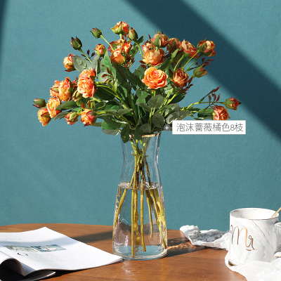 北欧风玻璃花瓶简约纳丽雅摆件客厅餐桌插花干花装饰品花器水培锤纹描金锤纹A款＋泡沫蔷薇橘8枝