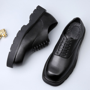方头休闲皮鞋男高级感厚底韩版小众设计春夏季潮流透气增高德比鞋