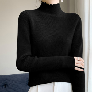 23秋冬新款花边半高领针织衫女毛衣纯色针织打底内搭长袖上衣