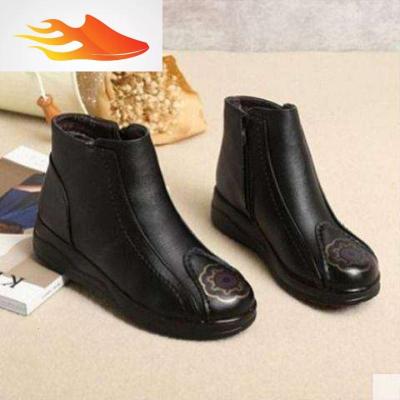 FISHBASKET妈妈鞋冬季皮鞋棉鞋软底平底老人中年加绒保暖防滑短靴中老年女鞋休闲鞋