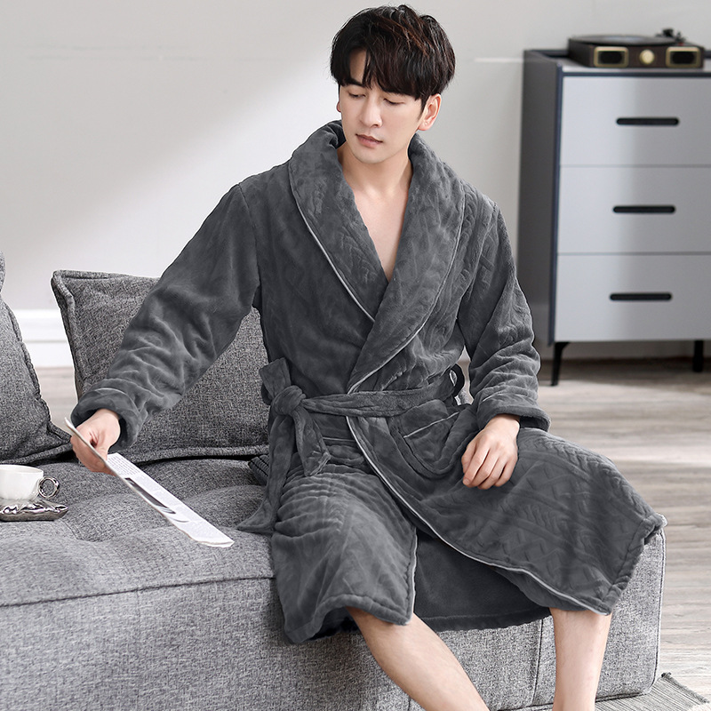 男士睡袍睡衣加绒加厚冬季珊瑚绒保暖浴袍男秋冬长款法兰绒家居服