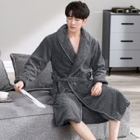 男士睡袍睡衣加绒加厚冬季珊瑚绒保暖浴袍男秋冬长款法兰绒家居服
