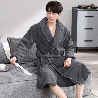 男士睡袍睡衣加绒加厚冬季珊瑚绒保暖浴袍男秋冬长款法兰绒家居服