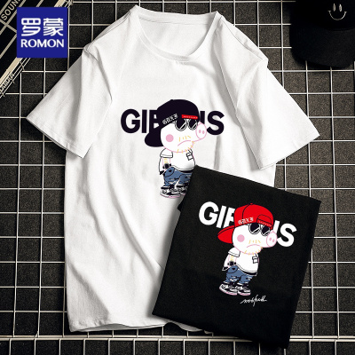 罗蒙（ROMON）短袖T恤圆领潮流T恤打底衫2021夏季大码纯棉新款短袖T恤男宽松体恤印花情侣款百搭