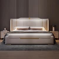 意式真皮床轻奢现代简约双人床主卧室带灯婚床家用软包实木储物床