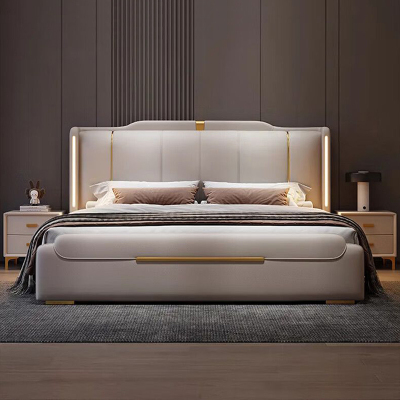 意式真皮床轻奢现代简约双人床主卧室带灯婚床家用软包实木储物床