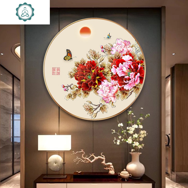 封后(fenghou)圆形钻石画牡丹花开富贵线绣玄关钻石贴十字绣小件客厅