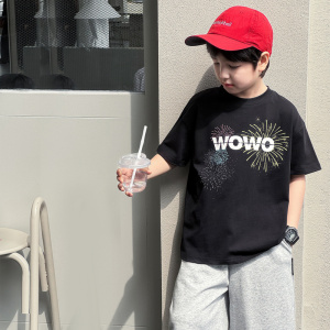 童酷2026男童夏款彩色烟花光变印花中大童T恤纯棉圆领儿童短袖潮