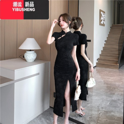 YIBUSHENG新中式国风连衣裙年轻款改良旗袍裙子褶皱收腰开叉长裙女季新款