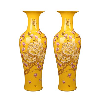 艺锦蓝国产地中海景德镇陶瓷软陶牡丹1米1.2米1.4米1.6米1.8米落地大花瓶客厅摆件公司酒店开业礼品黄1.6m