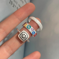 纯银彩色滴釉笑脸叠戴戒指女小众设计时尚个性食指戒指环配饰