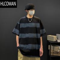 HLCOMAN条纹做旧短袖t恤男士2025夏季新款美式复古潮牌宽松半袖体恤
