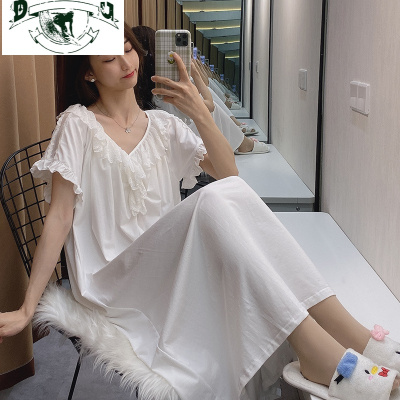HLCOMAN睡裙女夏季2021新款薄款短袖棉白色仙女风甜美公主宫廷长款睡衣睡裙