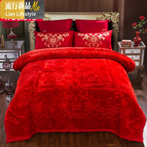 毛毯被子加厚冬季保暖10斤双层拉舍尔毯子大红色双人婚庆毛毯 三维工匠