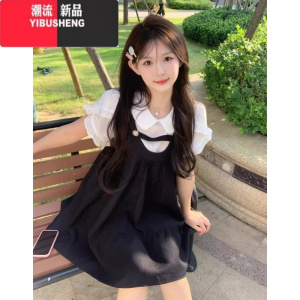 YIBUSHENG小个子初恋清纯奶甜假两件裙子女甜美奶乖天娃娃领衬衫连衣裙