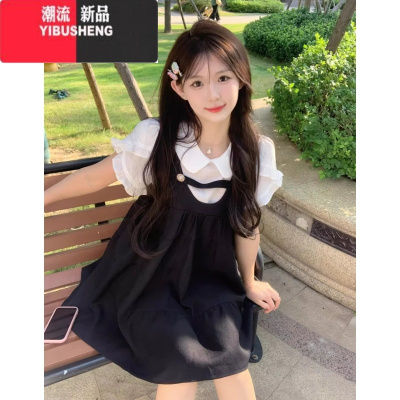 YIBUSHENG小个子初恋清纯奶甜假两件裙子女甜美奶乖天娃娃领衬衫连衣裙