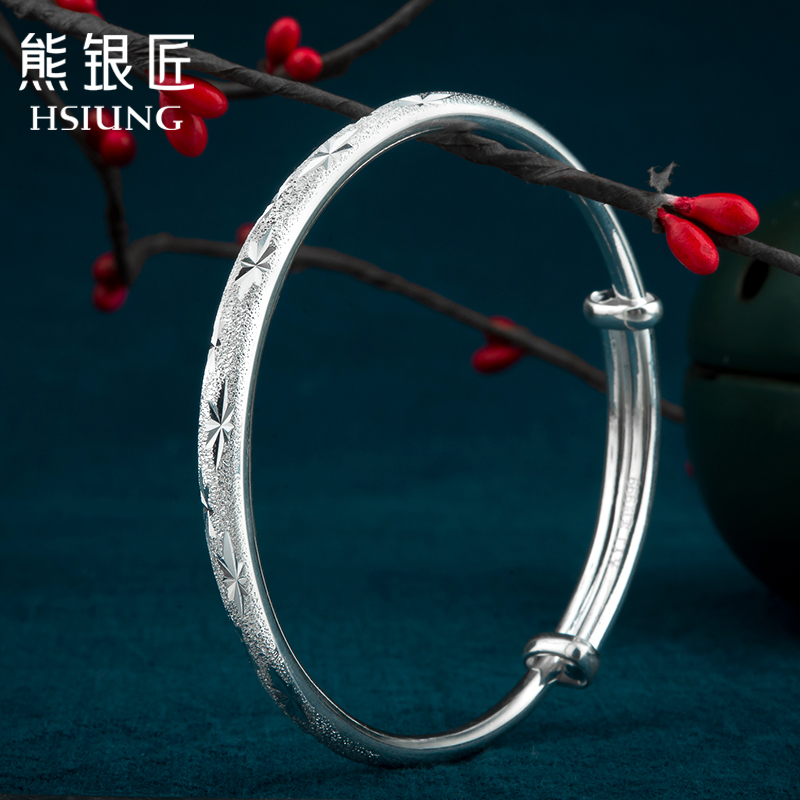 银手镯S999纯银手镯女款时尚满天星推拉银镯子银饰品送女友