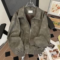 男装美式复古PU皮夹克男宽松棕色美拉德皮衣潮牌痞帅机车服外套男