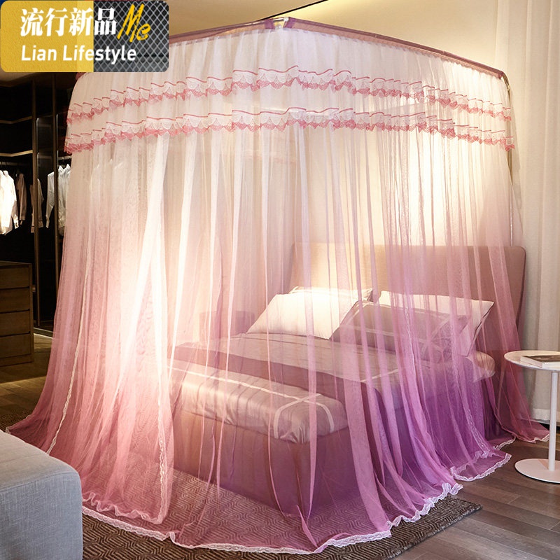 可伸缩u型蚊帐家用1.8m1.5床/2米免安装防蚊罩公主风加密加厚落地 三维工匠