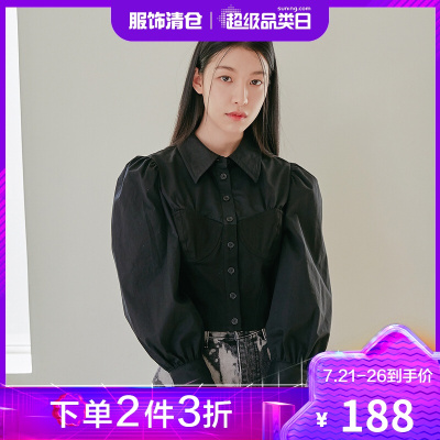 韩都衣舍泡泡袖衬衫女2021春装新款短款纯色宽松拼接上衣PQ0200