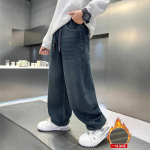 儿童装男童加绒裤子新款冬季大童秋冬款男孩加厚一体绒牛仔裤