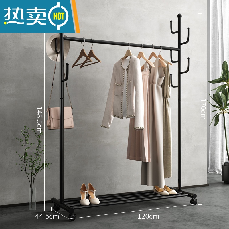 敬平衣架落地卧室挂衣架轻奢衣帽架室内可移动家用晾衣架子次净挂衣杆 626[加粗款-升级工业轮]120CM长(黑色)