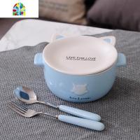 陶瓷卡通日式泡面碗带盖可爱少女心方便面碗饭盒单个学生宿舍汤碗 FENGHOU 双耳猫泡面碗-叉勺-蓝色