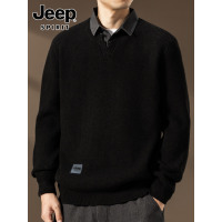 吉普衬衫领毛衣男士秋冬季高端商务休闲假两件打底针织衫男装线衣