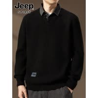 吉普衬衫领毛衣男士秋冬季高端商务休闲假两件打底针织衫男装线衣