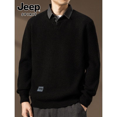 吉普衬衫领毛衣男士秋冬季高端商务休闲假两件打底针织衫男装线衣