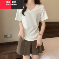 YIBUSHENG大码胖妹妹女装短袖t恤2024季韩版宽松显瘦修身正肩V领纯色上衣