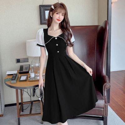 方领拼接连衣裙短袖法式茶歇小黑裙气质名媛过膝中长裙子女夏诺合