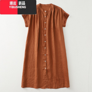 YIBUSHENG日系复古娃娃领棉麻短袖连衣裙大码女装宽松褶皱亚麻休闲中长裙