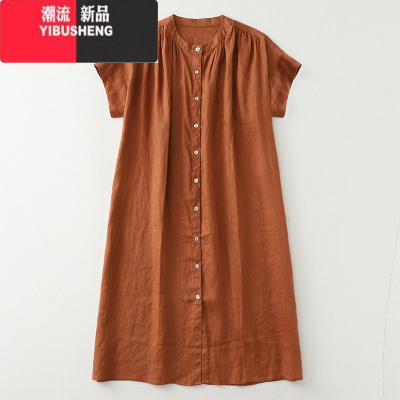 YIBUSHENG日系复古娃娃领棉麻短袖连衣裙大码女装宽松褶皱亚麻休闲中长裙