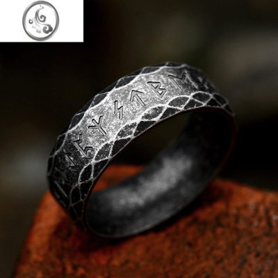 JiMi黑色卢恩符文钛钢戒指男潮牌嘻哈个性复古北欧维京食指环女高级感