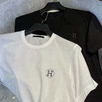 欧洲站短袖男玉蚕丝小H烫钻半袖体恤白色圆领薄款T恤上衣透气潮男