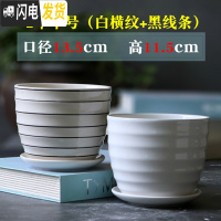 三维工匠花盆陶瓷家用大号带托盘简约塑料绿萝肉肉吊兰多肉小花盆 2个中号(白横纹+黑线条) 大花盆容器