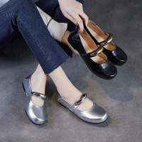 头层牛皮平跟玛丽珍鞋女新款春夏浅口软底银色单鞋女鞋子