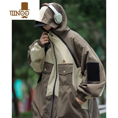 YANXU立领拼色连帽夹克男秋季港风ins机能工装冲锋衣宽松户外休闲外套