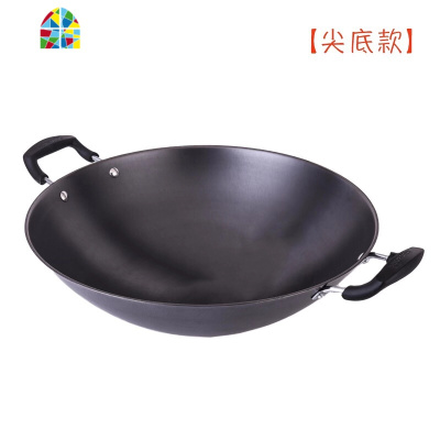 炒锅锅大铸铁锅电磁炉燃气通用无涂层双耳尖底平底传统老式家用 FENGHOU 40cm平底无盖