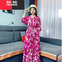 YIBUSHENG季碎花连衣裙子收腰遮肚子棉绸九分裙女式胖mm宽松显瘦长裙绵绸