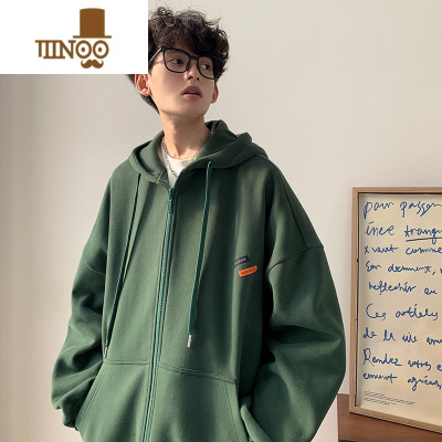 YANXU@ 墨绿色小标连帽开衫卫衣男秋季日系复古宽松拉链外套
