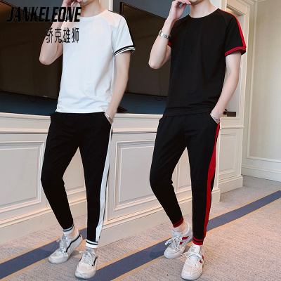 骄克雄狮休闲运动套装男2021年夏季新款短袖T恤长裤拼接潮牌时尚男装夏装